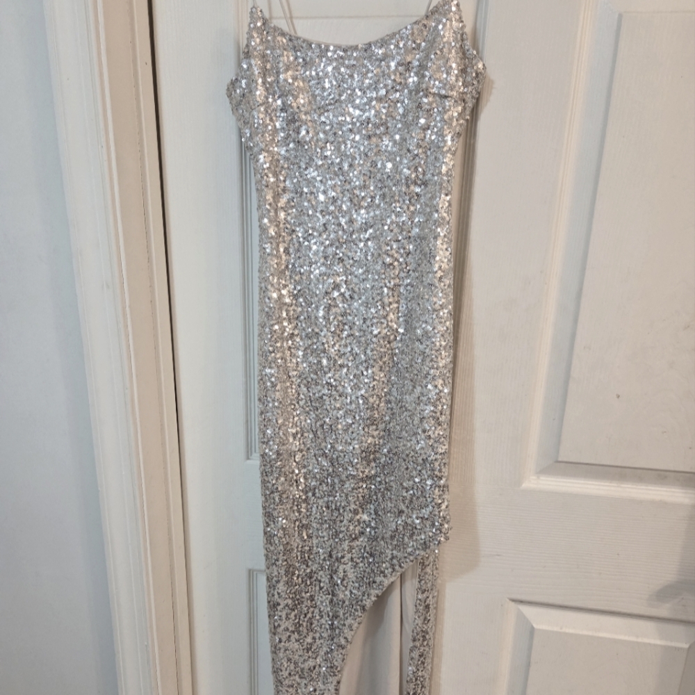 Silvery Gold Sequin Asymmetrical Dress